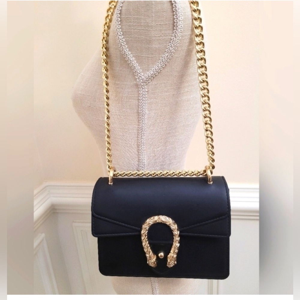 Elegant Black and Gold Chain Bag , Snake, Buckle